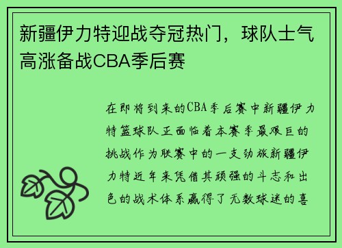 新疆伊力特迎战夺冠热门，球队士气高涨备战CBA季后赛